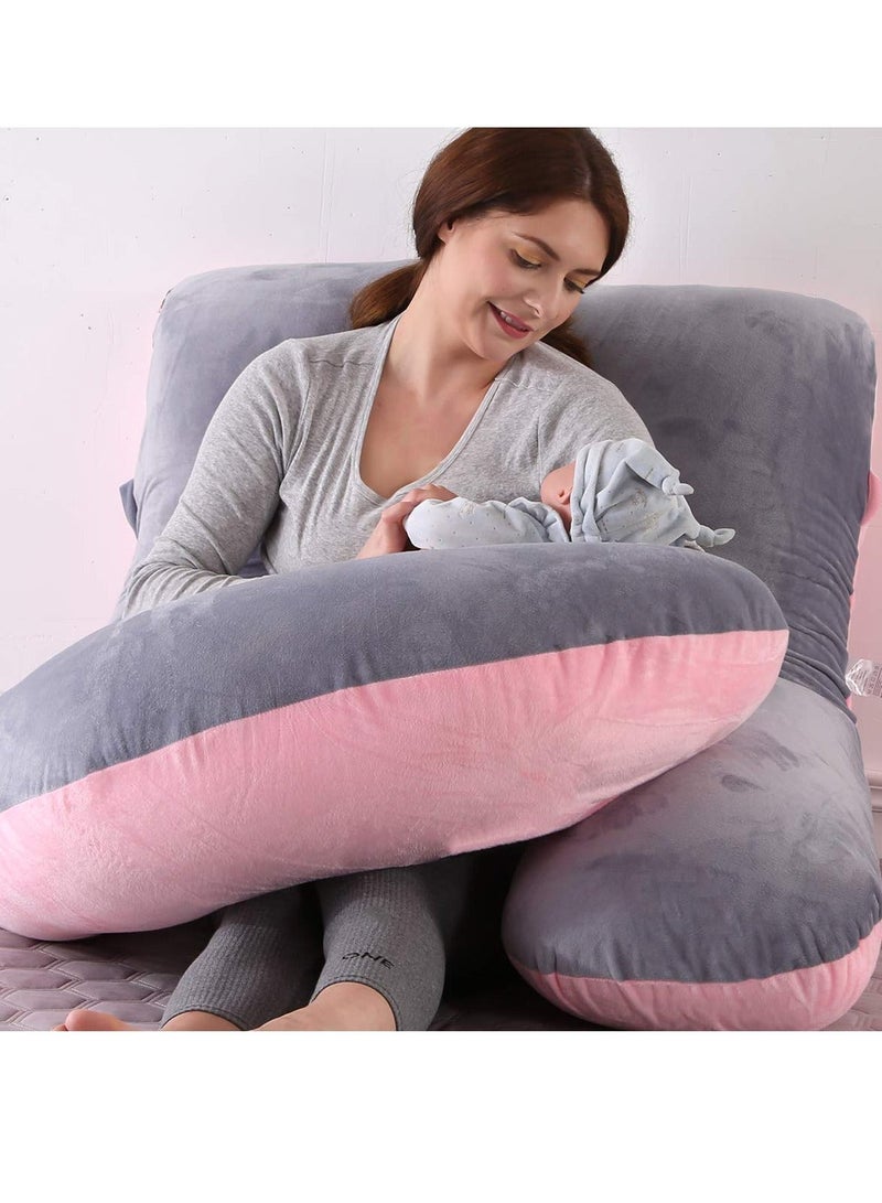 زابروس وسادة حمل ZAPRUS على شكل حرف J للنوم - وسادة حمل كاملة الجسم مع غطاء قابل للإزالة والغسل - رمادي/وردي مزدوج الجوانب - حشوة قطنية ناعمة - دعم للظهر والبطن والوركين والساقين - للنساء الحوامل ومن ينمن على جانبهن - Image 5